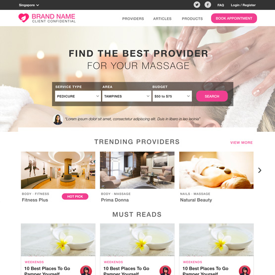 Desktop view of an online beauty and wellness appointment booking website, where customers can book appointments and pre-pay for services at local spas, salons and wellness establishments.