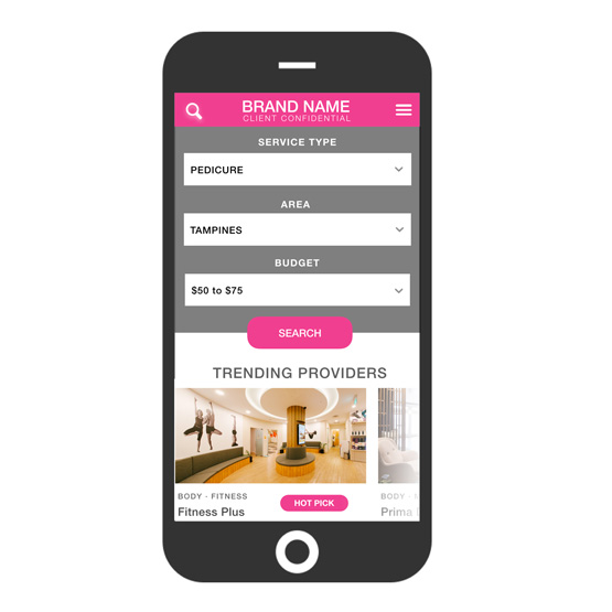 Mobile view of an online beauty and wellness appointment booking website, where customers can book appointments and pre-pay for services at local spas, salons and wellness establishments