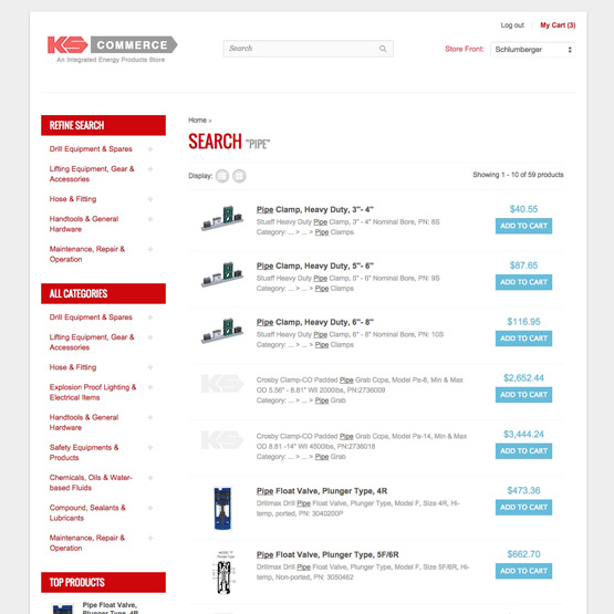 Desktop view of an online B2B ecommerce store, where business buyers can procure drilling and rigging equipment directly from the distributor, and get them shipped and delivered from their warehouse.