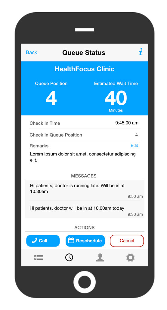 Queue status page of a clinic queue & appointments app. Displays the user's current queue status and estimated waiting time at a clinic.