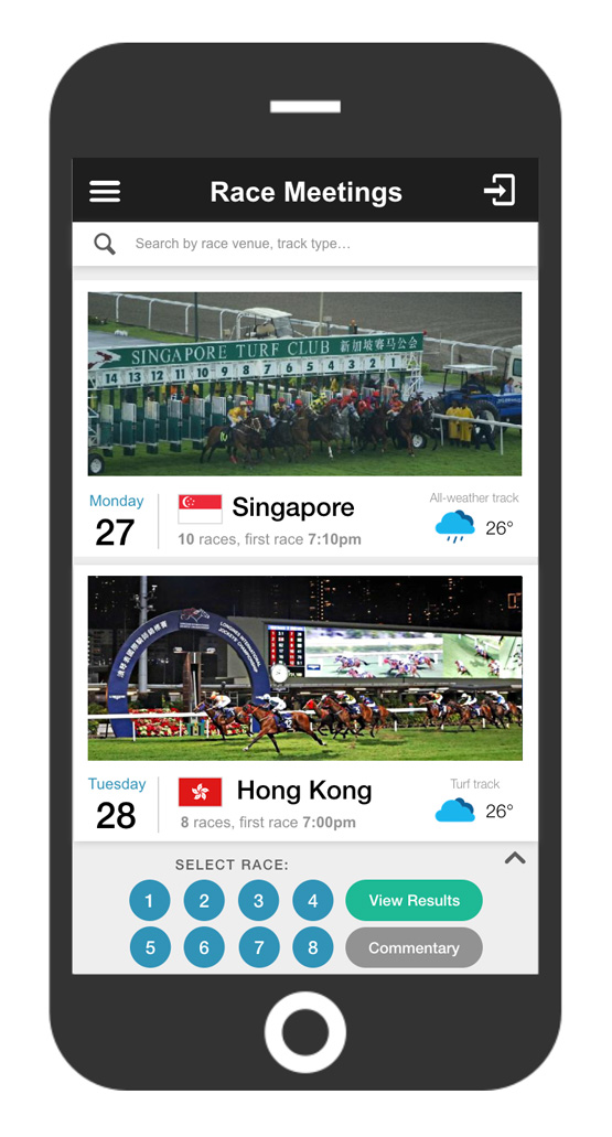 Race Meetings page of a horse racing information & community app. Lists upcoming race meetings in Singapore, Malaysia and Hong Kong.