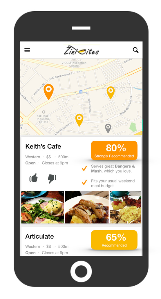 Home page of a food recommendation app. Lists algorithmically recommended food places nearly to the user.