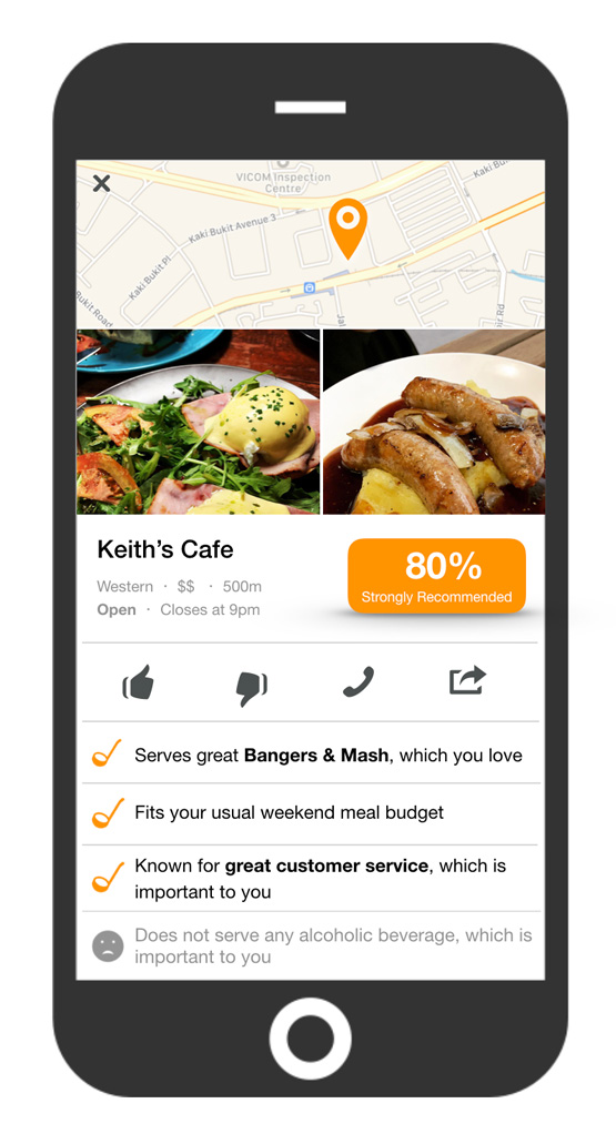 Food Place profile page of a food recommendation app. Lists reasons why the food place is recommended to the user by the algorithm.