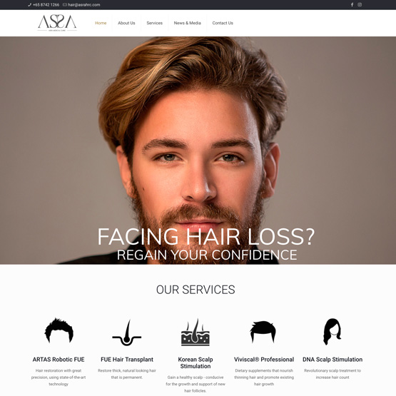Desktop view of a local business website - a specialist clinic that provides medical hair restoration services.