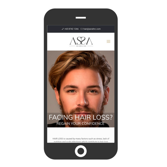 Mobile view of a local business website - a specialist clinic that provides medical hair restoration services.
