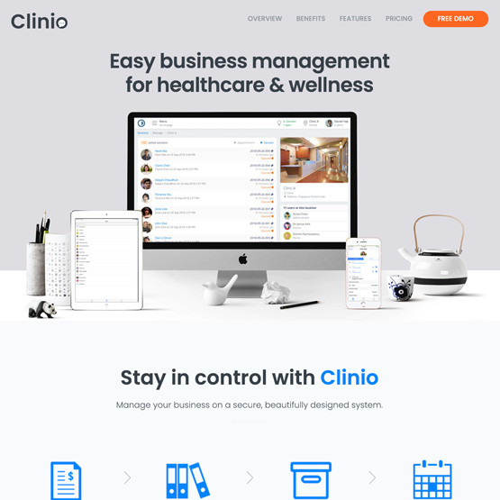 Desktop view of a product / service website - Clinio, a SaaS (Software-as-a-Service) business software for clinics and healthcare