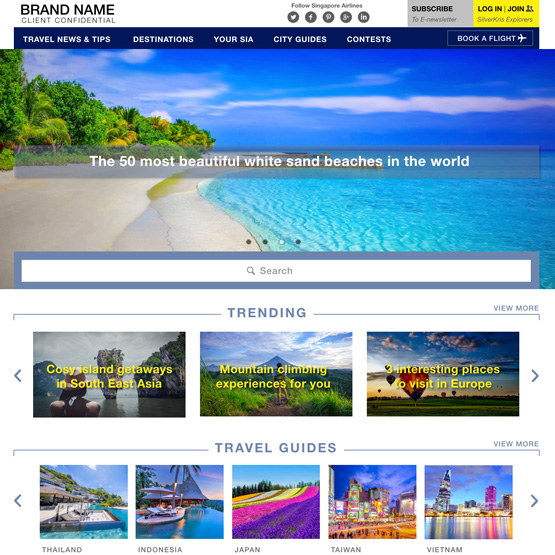 Desktop view of a content driven website with travel news, ideas and city guides for tourists and avid travelers